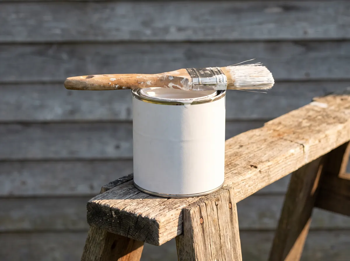 Paintbrush with white paint resting on a plain paint can on a wooden sawhorse beside grey siding in warm sunlight