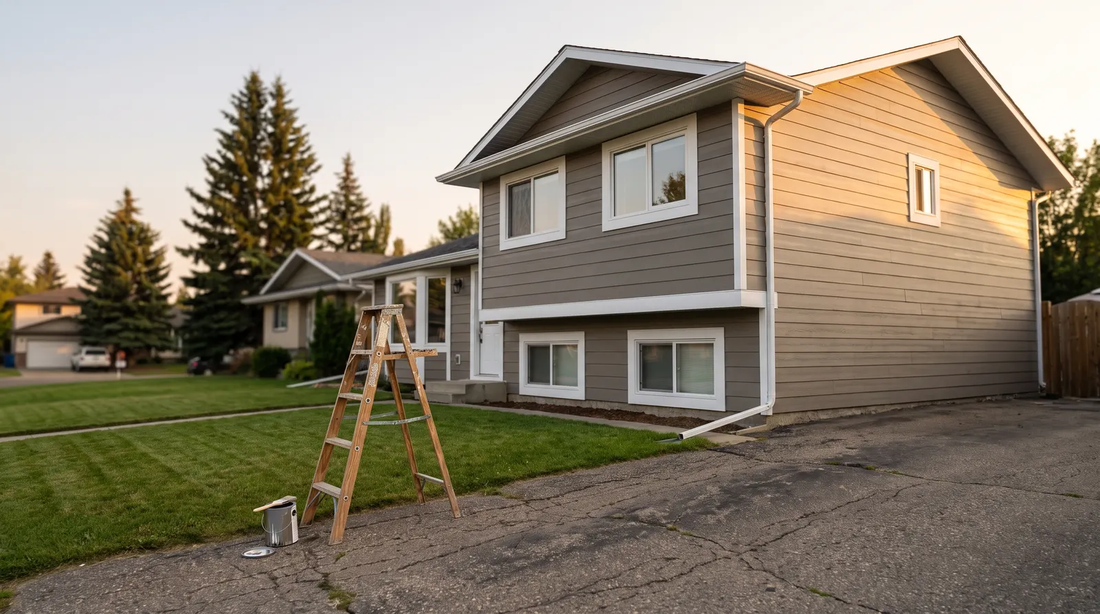 Freshly painted grey house exterior with a stepladder on the driveway in warm evening light
