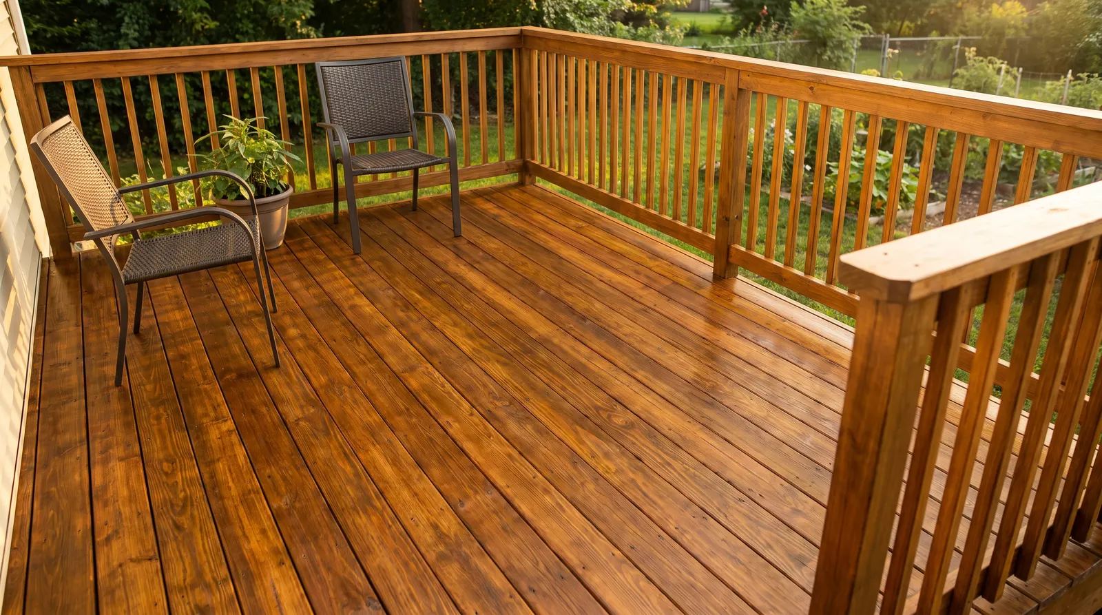 Freshly stained wooden backyard deck with a warm brown finish and railing in golden sunlight
