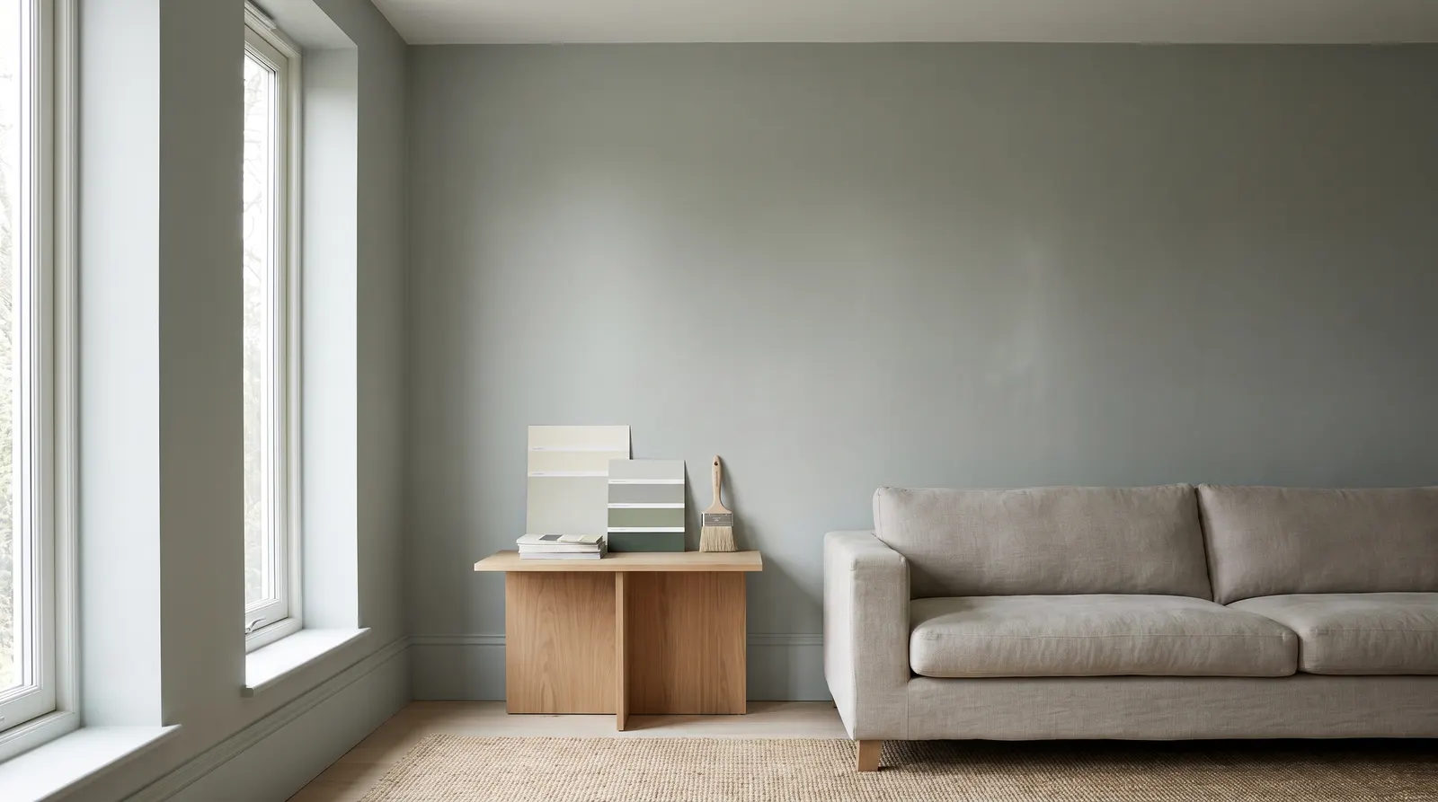 Bright living room with a muted sage-grey painted wall, colour swatches and a brush on a side table