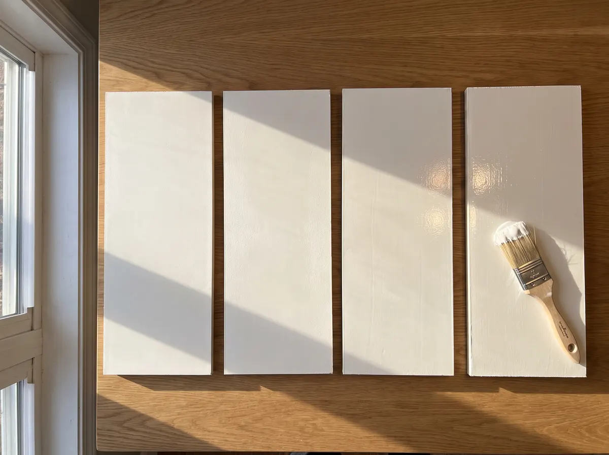 Four painted sample boards of the same warm white in increasing sheen, lit from the side to show the difference