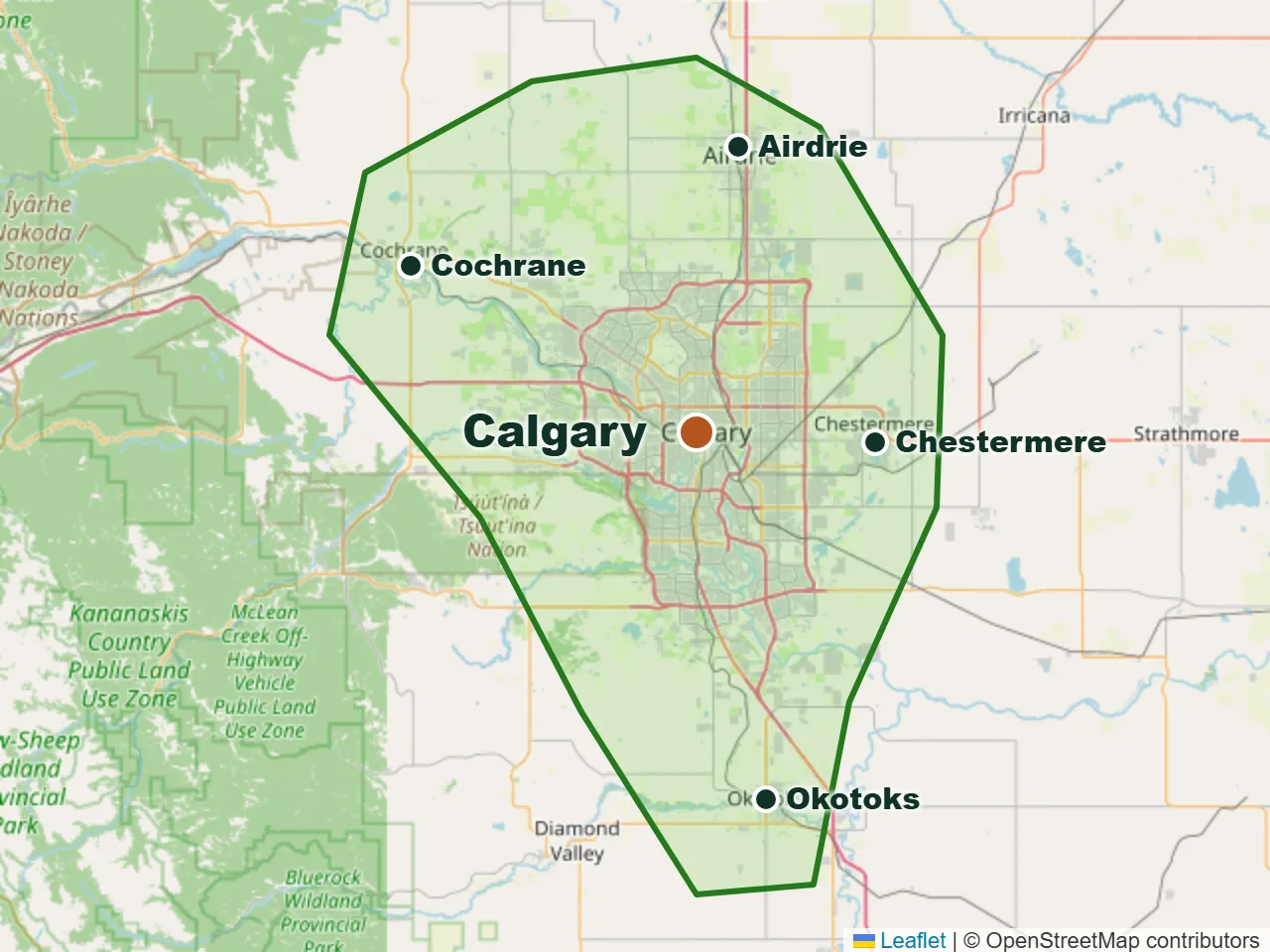 Map of our service area: Calgary, Airdrie, Cochrane, Chestermere and Okotoks, outlined in green