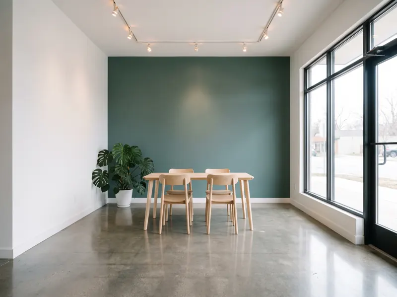 Example of a freshly painted commercial space with white walls and a green feature wall