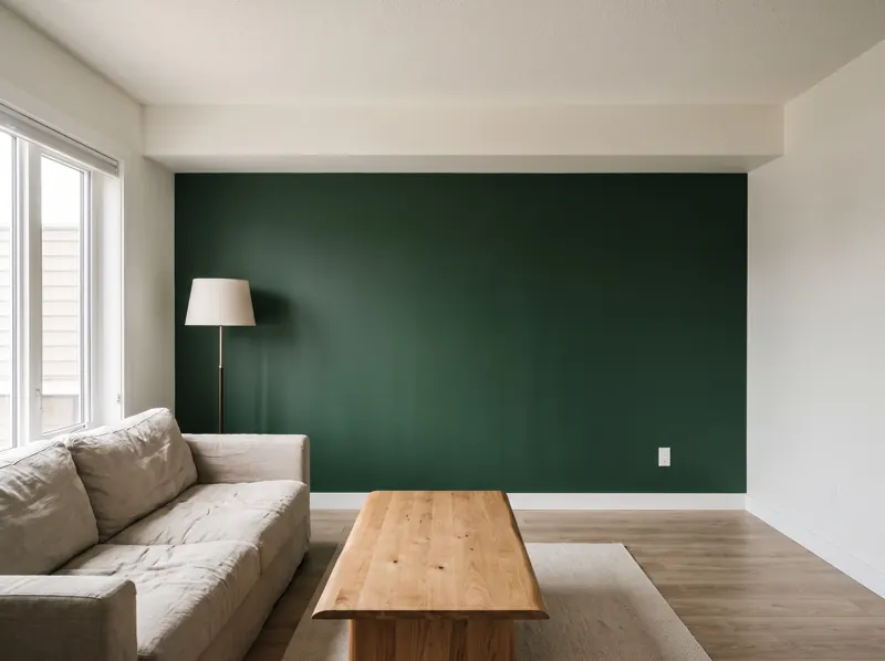 Example of a living room with a deep green feature wall and crisp lines against warm white walls